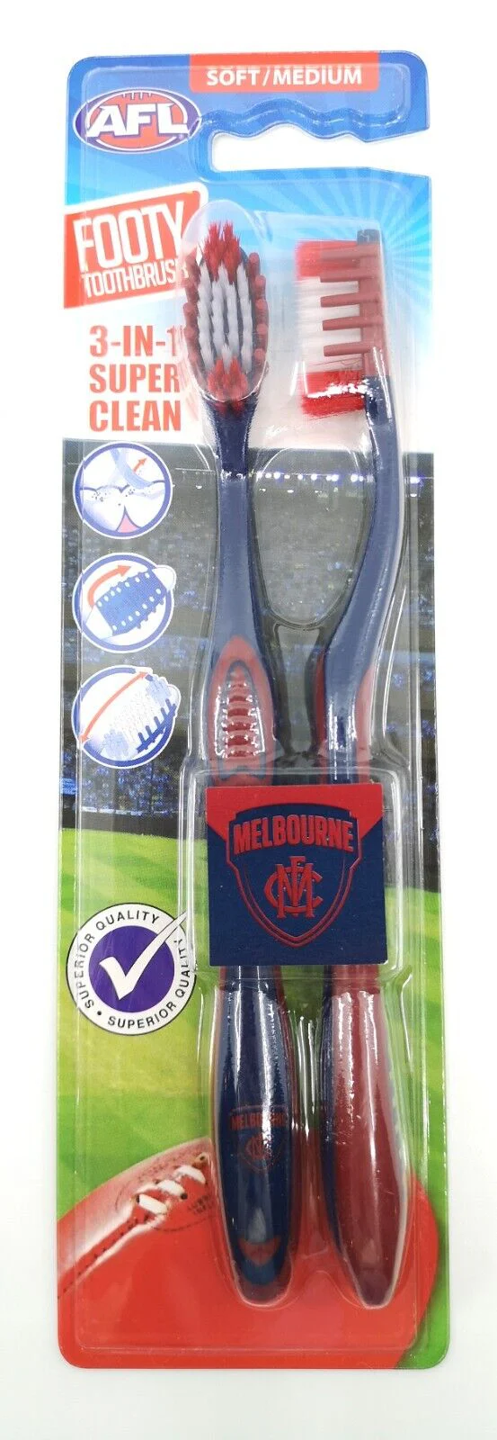 AFL Adult Toothbrush Twin Pack - Melbourne Demons - Set of Two - Soft/Medium - Image 2