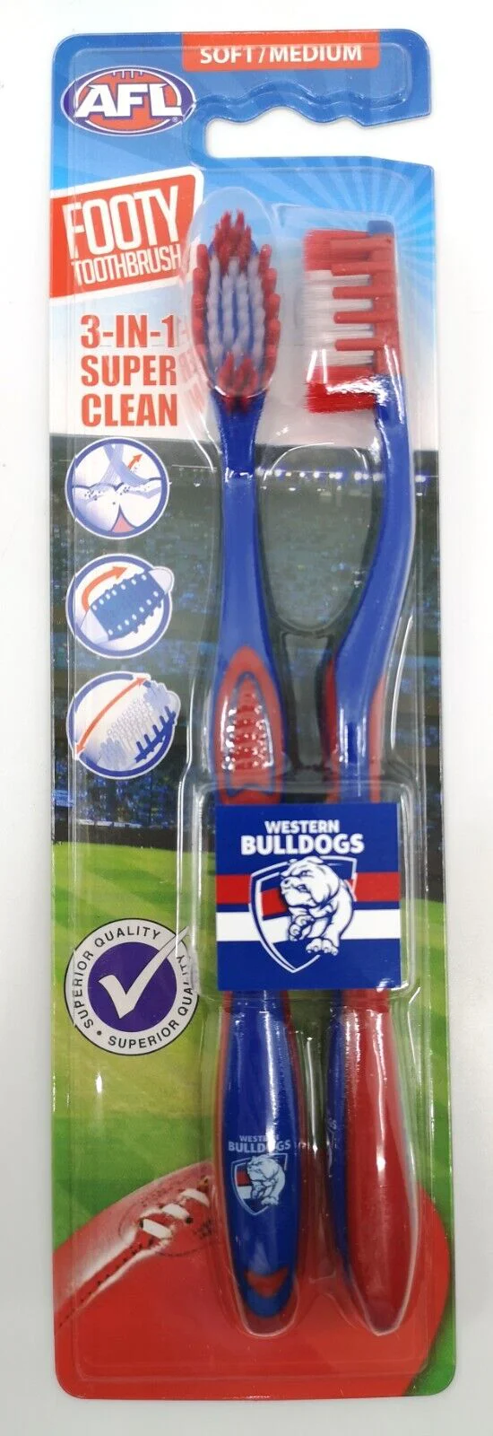 AFL Adult Toothbrush Twin Pack - Western Bulldogs - Set of Two - Soft/Medium - Image 2