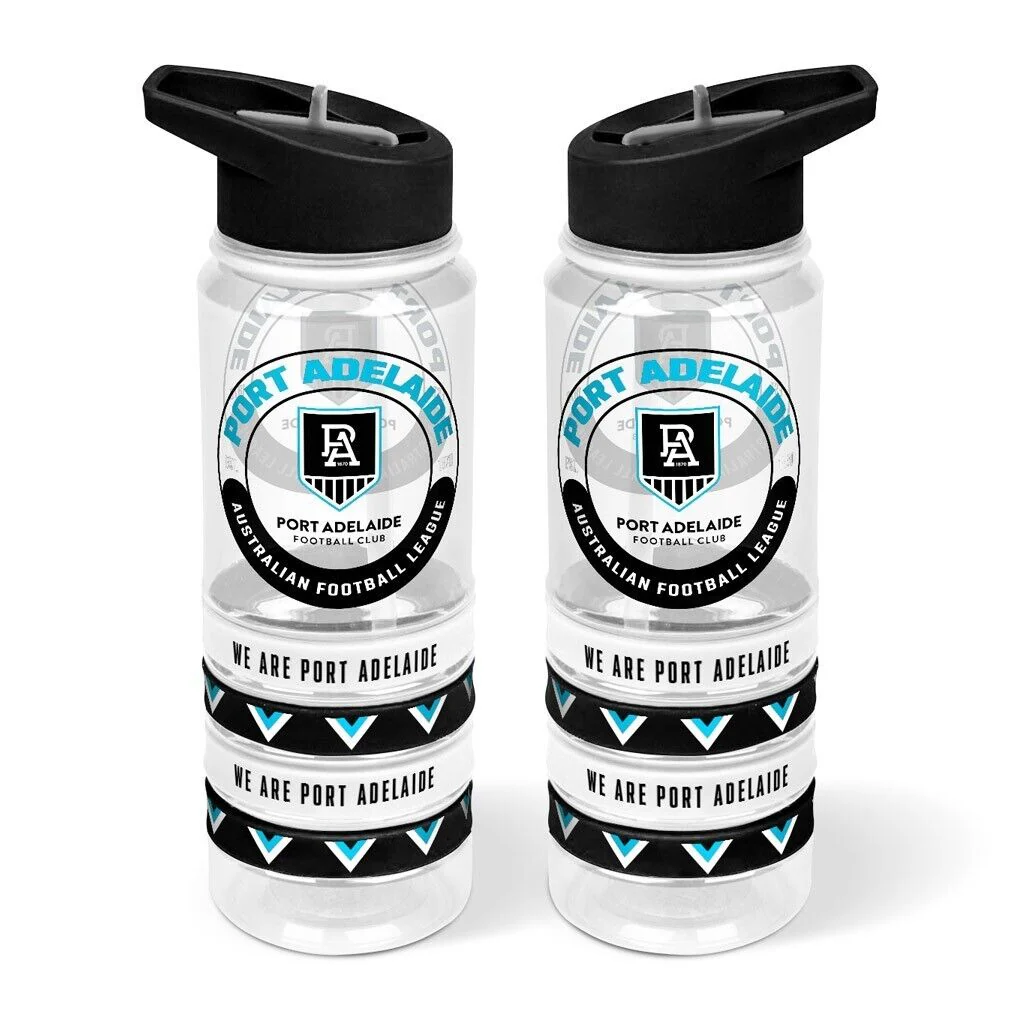 AFL Clear Tritan Drink Bottle 650ml - Port Adelaide Power - 4 Wrist Bands - Image 2