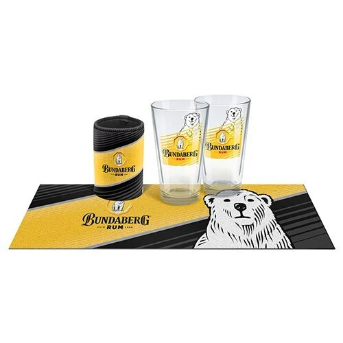 Bundaberg Rum Bar Essentials Pack  - Bundy Rum - 2 x Glass - Bar Mat - Cooler