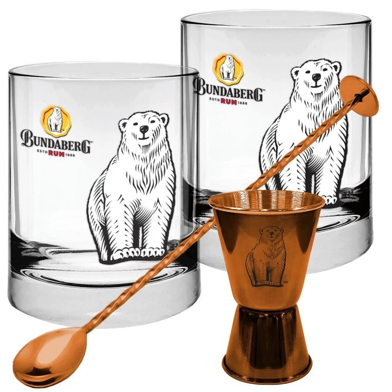 Bundaberg Rum - Round Glass & Stirrer Set - Bundy Rum - Spirit Glasses