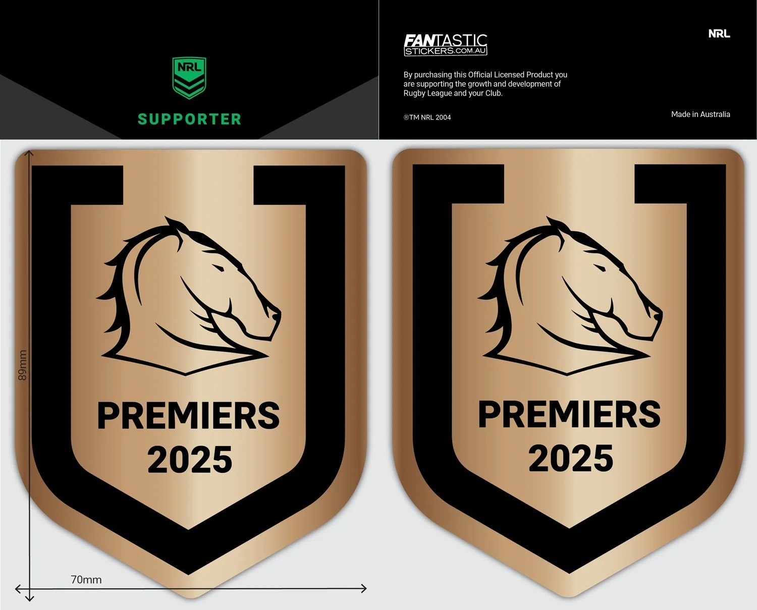 NRL 2025 PREMIERS BRUSHED GOLD DECAL - BRISBANE BRONCOS -PRE-ORDER -DUE OCT 2025 - Image 2