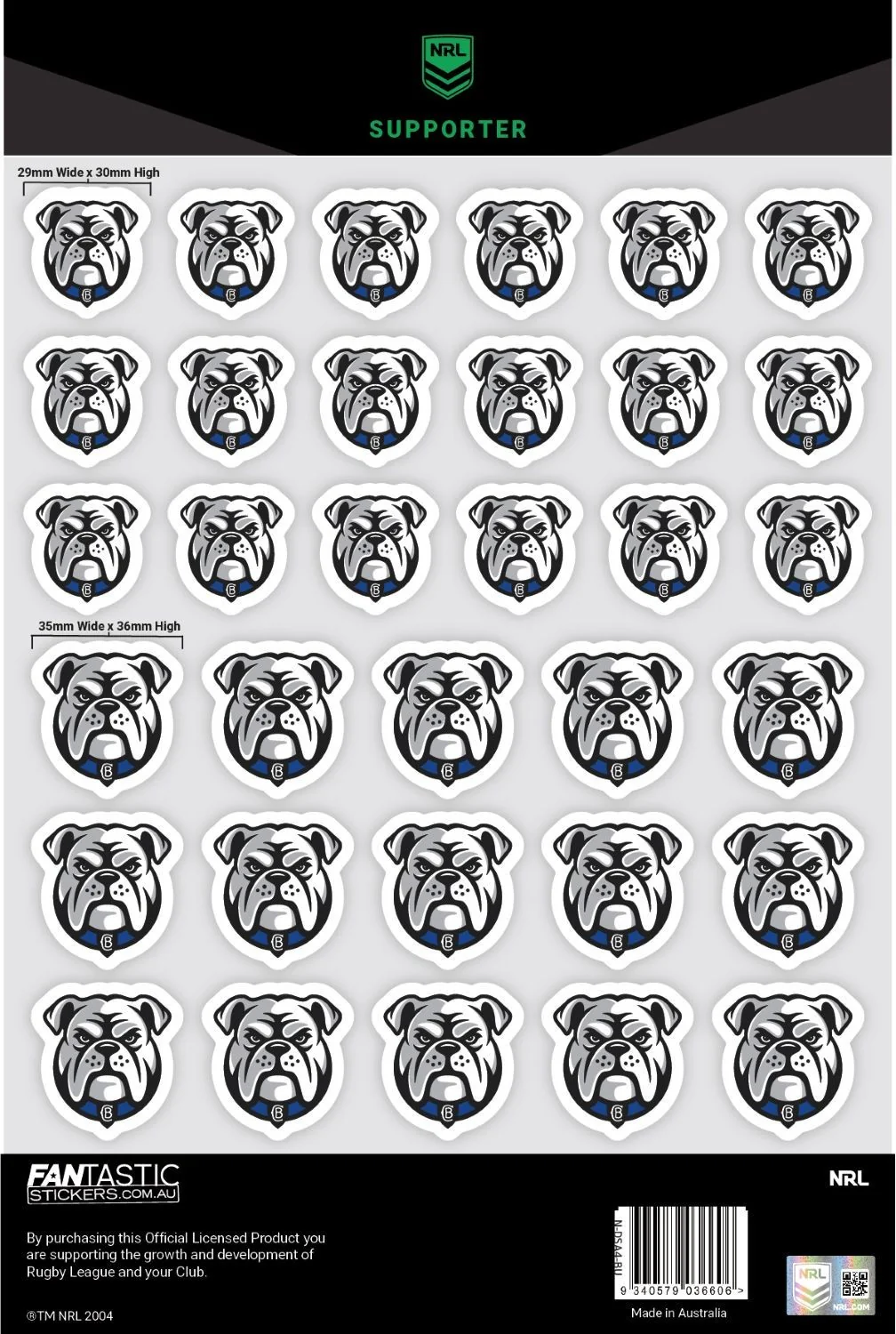 NRL A4 Decal Sheet - Canterbury Bulldogs - Sticker