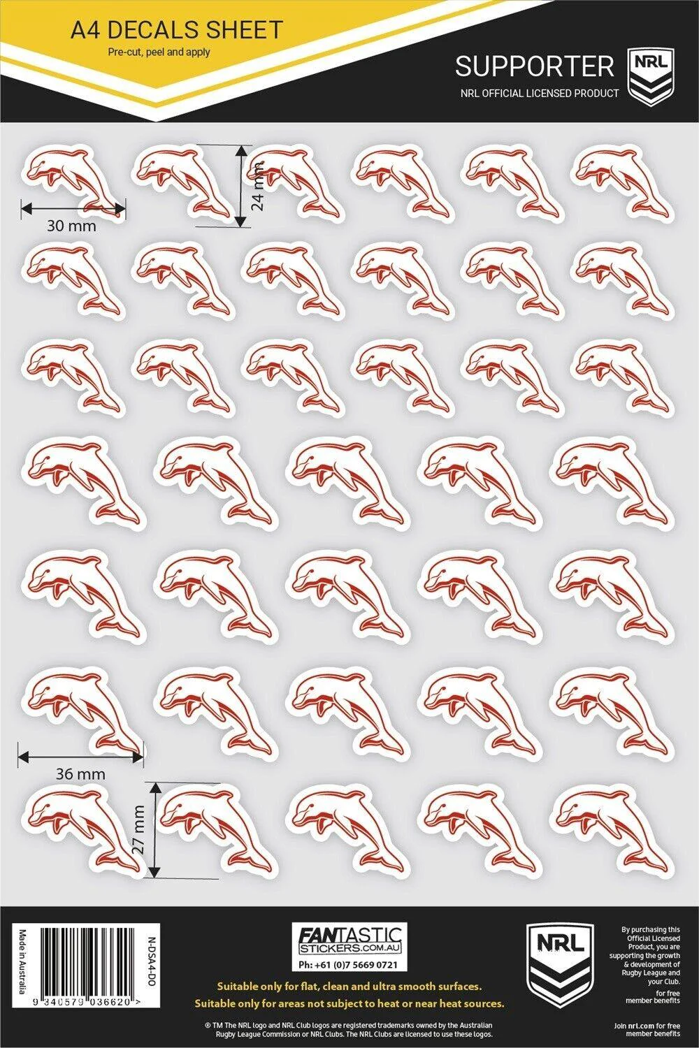 NRL A4 Decal Sheet - Dolphins - Sticker - Image 2