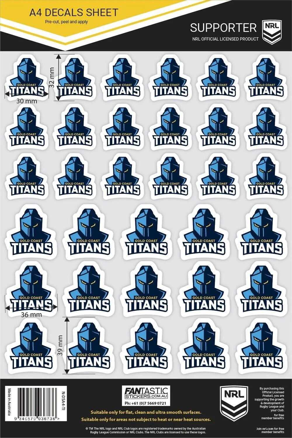 NRL A4 Decal Sheet - Gold Coast Titans - Sticker - Image 2