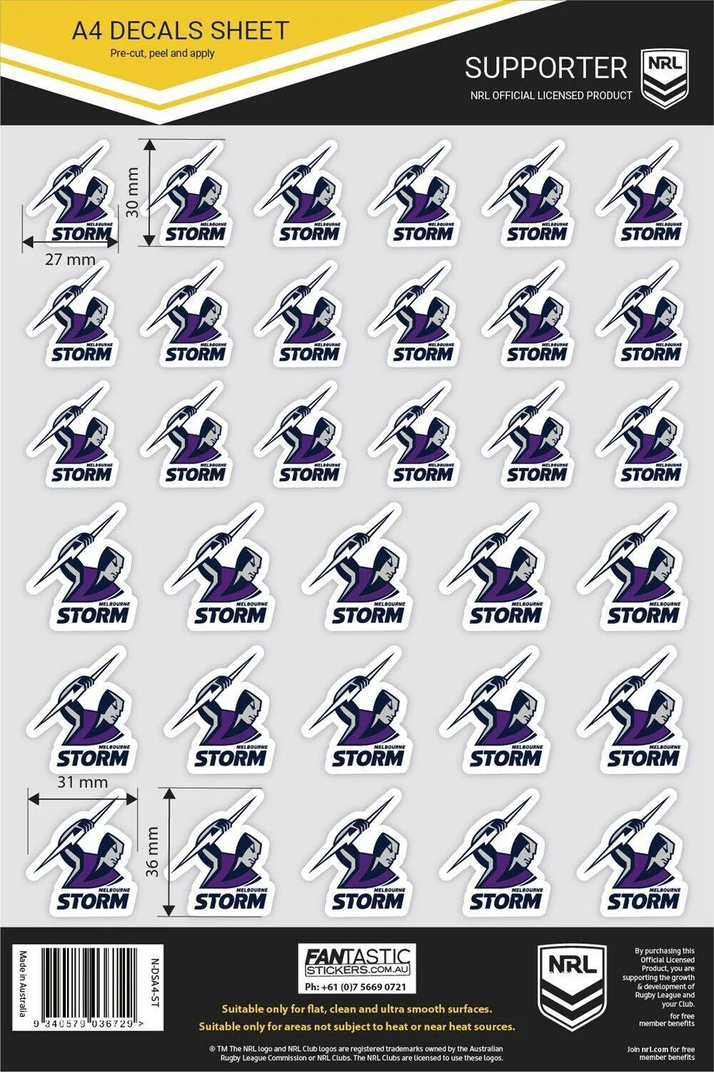 NRL A4 Decal Sheet - Melbourne Storm - Sticker - Image 2
