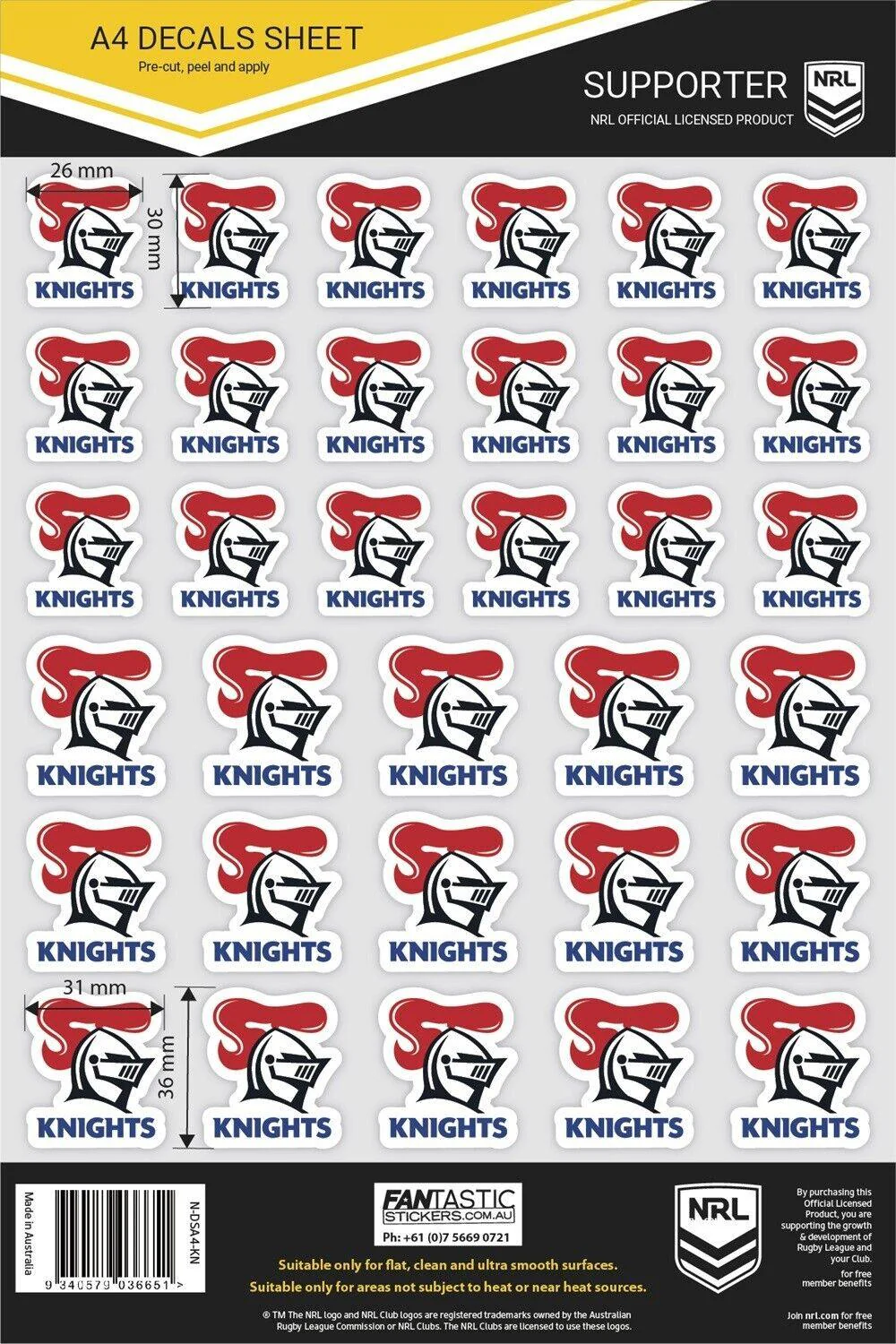 NRL A4 Decal Sheet - Newcastle Knights - Sticker - Image 2
