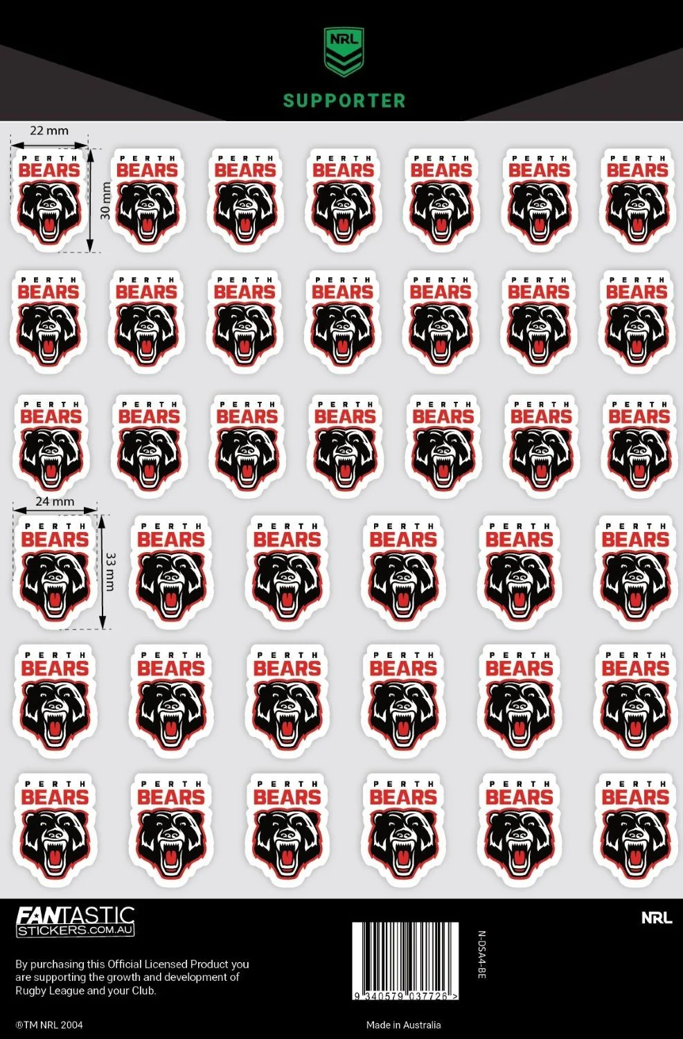 NRL A4 Decal Sheet  Perth Bears  Sticker