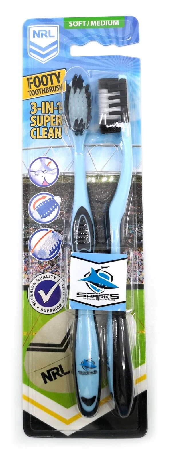 NRL Adult Toothbrush Twin Pack - Cronulla Sharks - Set of Two - Soft/Medium - Image 2
