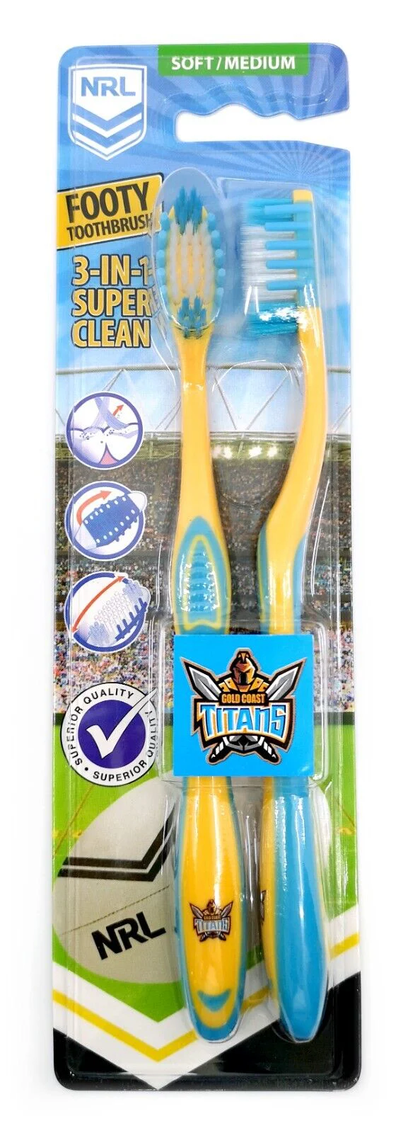 NRL Adult Toothbrush Twin Pack - Gold Coast Titans - Set of Two - Soft/Medium - Image 2