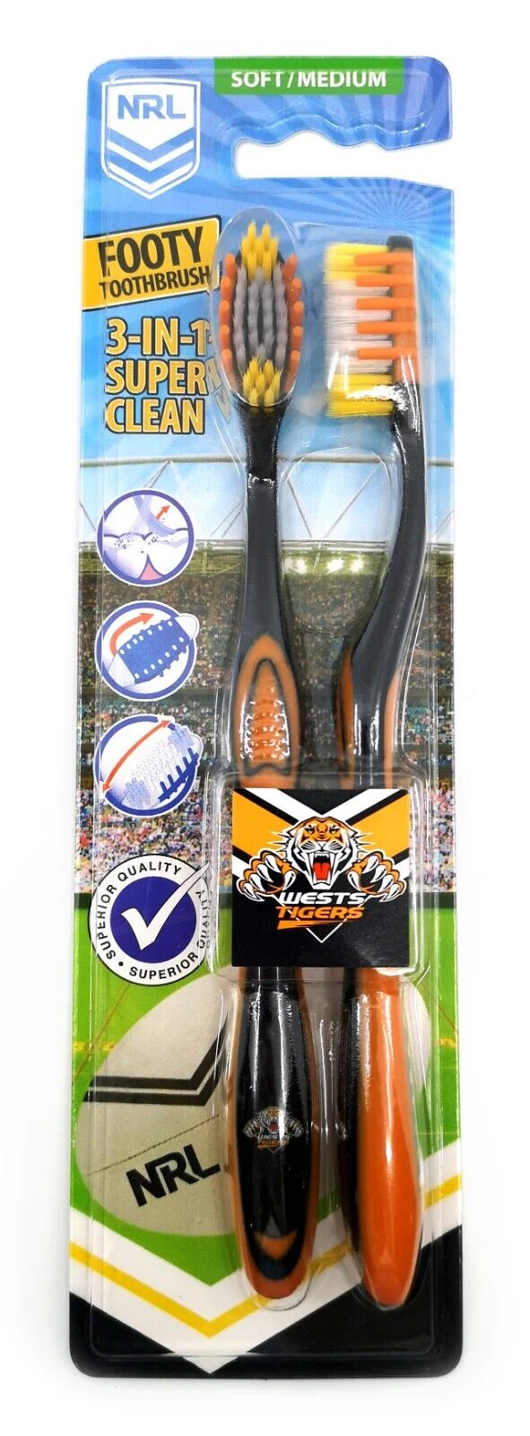 NRL Adult Toothbrush Twin Pack - West Tigers - Set of Two - Soft/Medium - Image 2