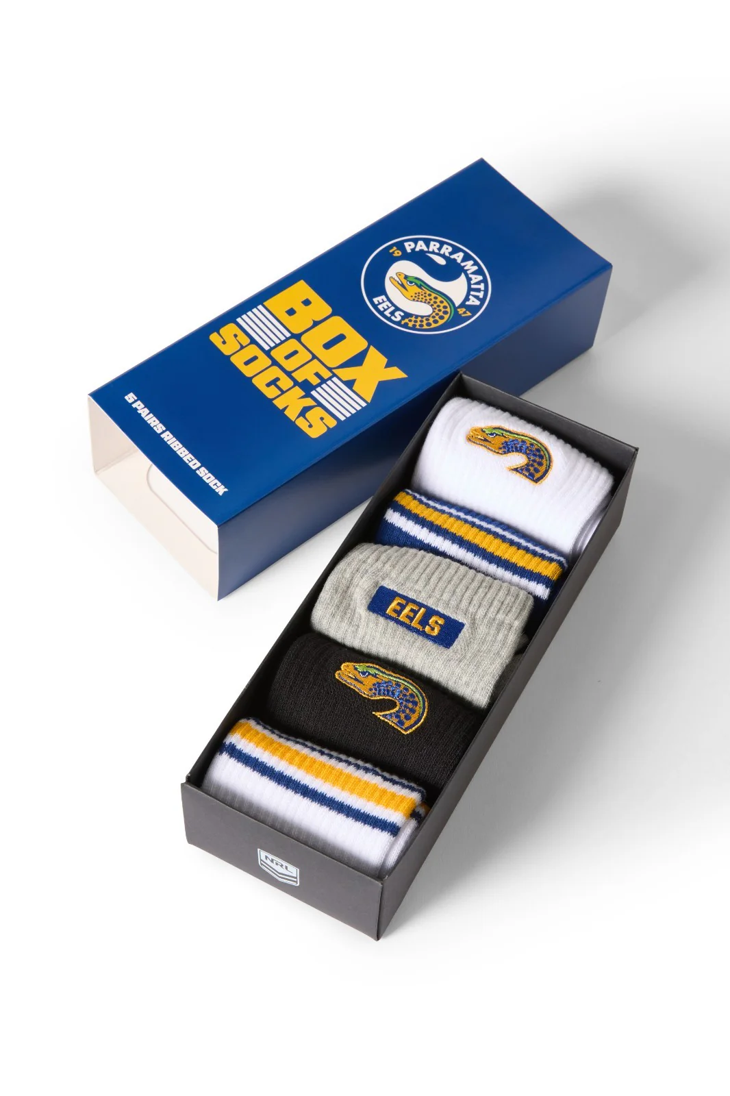 NRL Box Of 5 Socks - Paramatta Eels - One Size Fits Most - Gift Box