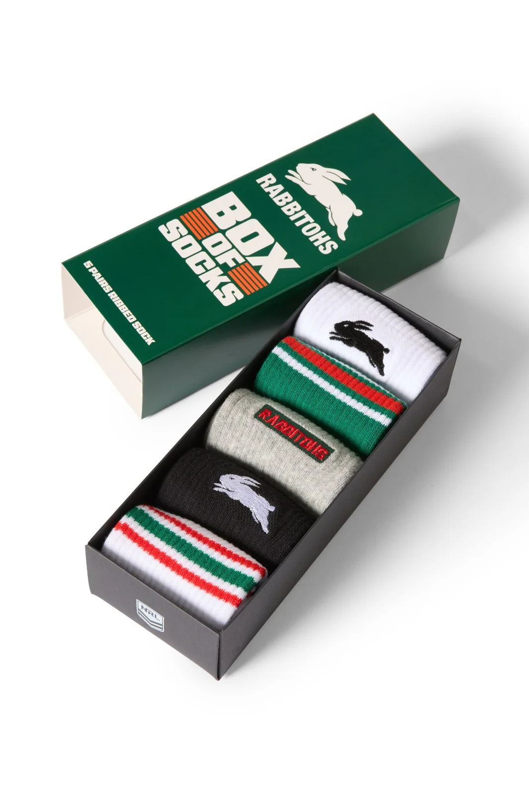 NRL Box Of 5 Socks - South Sydney Rabbitohs - One Size Fits Most - Gift Box