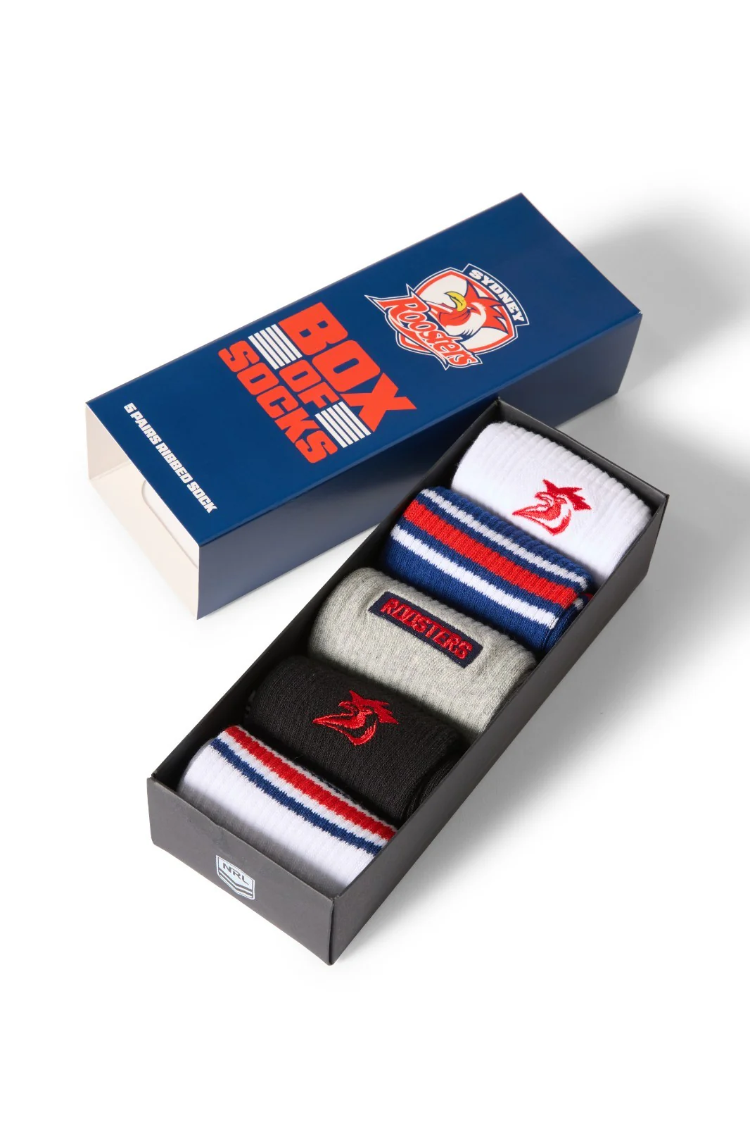 NRL Box Of 5 Socks - Sydney Roosters - One Size Fits Most - Gift Box
