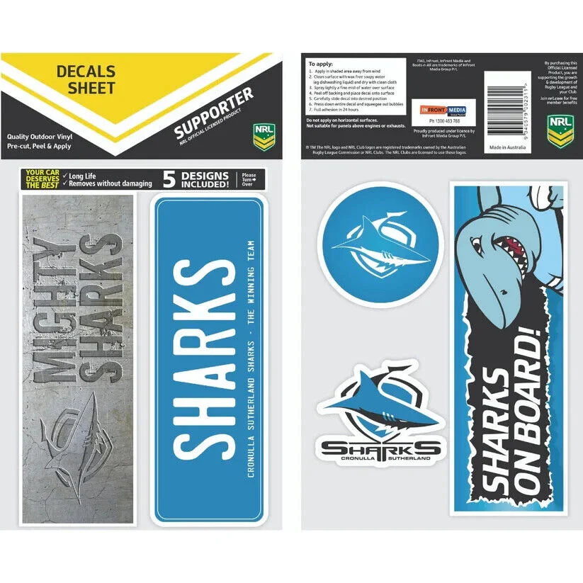 NRL Bumper Decal Sheet Set - Cronulla Sharks - Team Logo Sticker - 170mm
