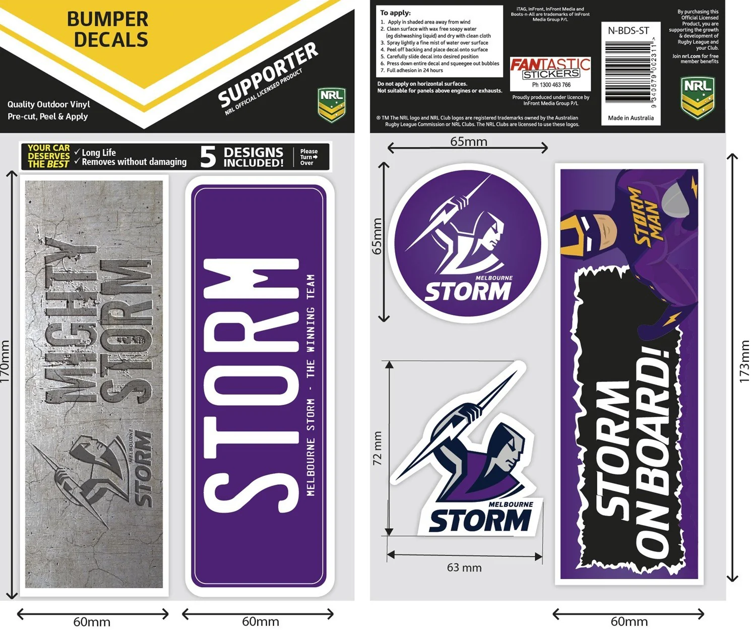 NRL Bumper Decal Sheet Set - Melbourne Storm - Team Logo Sticker - 170mm - Image 2