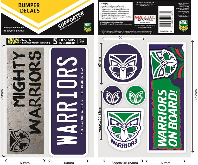 NRL Bumper Decal Sheet Set - New Zealand Warriors - Team Logo Sticker - 170mm - Image 2