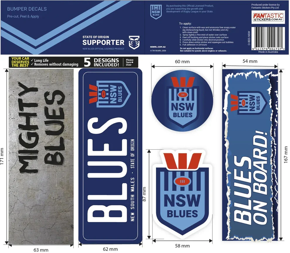 NRL Bumper Decal Sheet Set - NSW Blues - Team Logo Sticker - 170mm - Image 2
