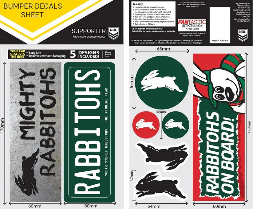 NRL Bumper Decal Sheet Set - South Sydney Rabbitohs - Team Logo Sticker - 170mm - Image 2
