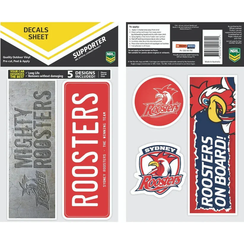 NRL Bumper Decal Sheet Set - Sydney Roosters - Team Logo Sticker - 170mm - Image 2