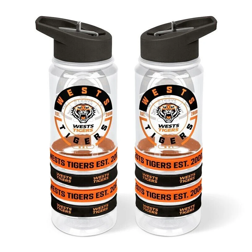 NRL Clear Tritan Drink Bottle 650ml - West Tigers - 4 Wrist Bands - Image 2
