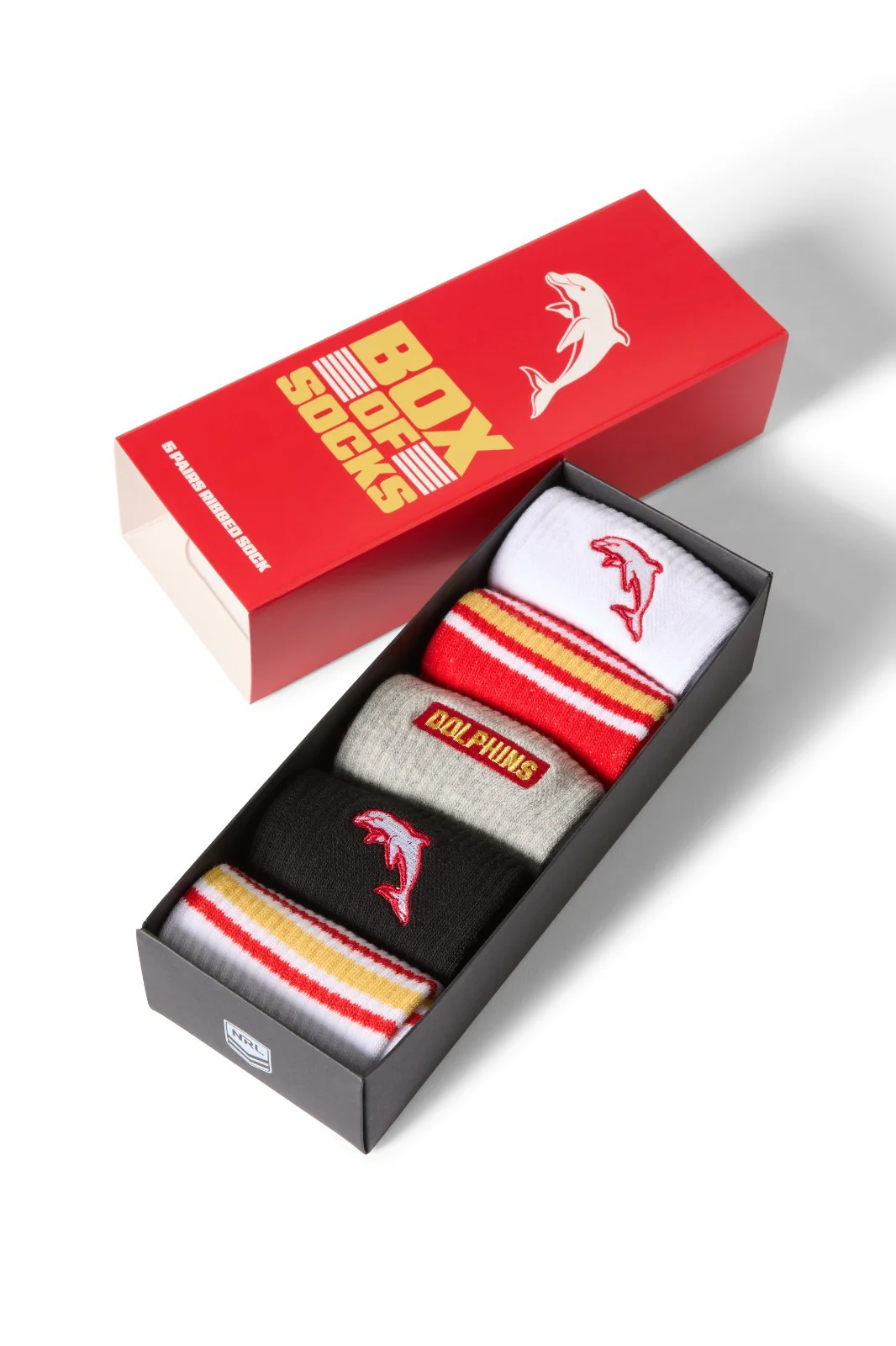 NRL Dolphins - Box Of 5 Socks - Gift Boxed - One Size Fits Most