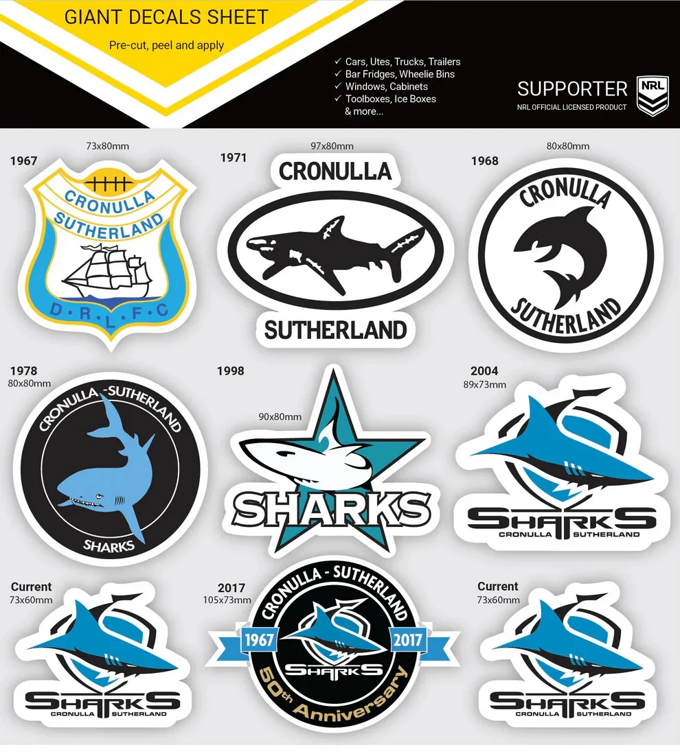 NRL Giant Decal Sheet - Cronulla Sharks - Timeline Of Club Logos - Stickers