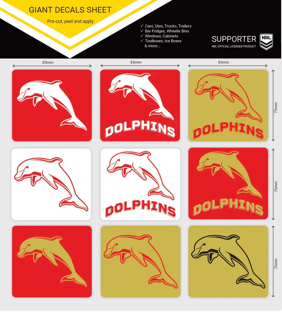 NRL Giant Decal Sheet - Dolphins - Multiple Club Logos - Stickers