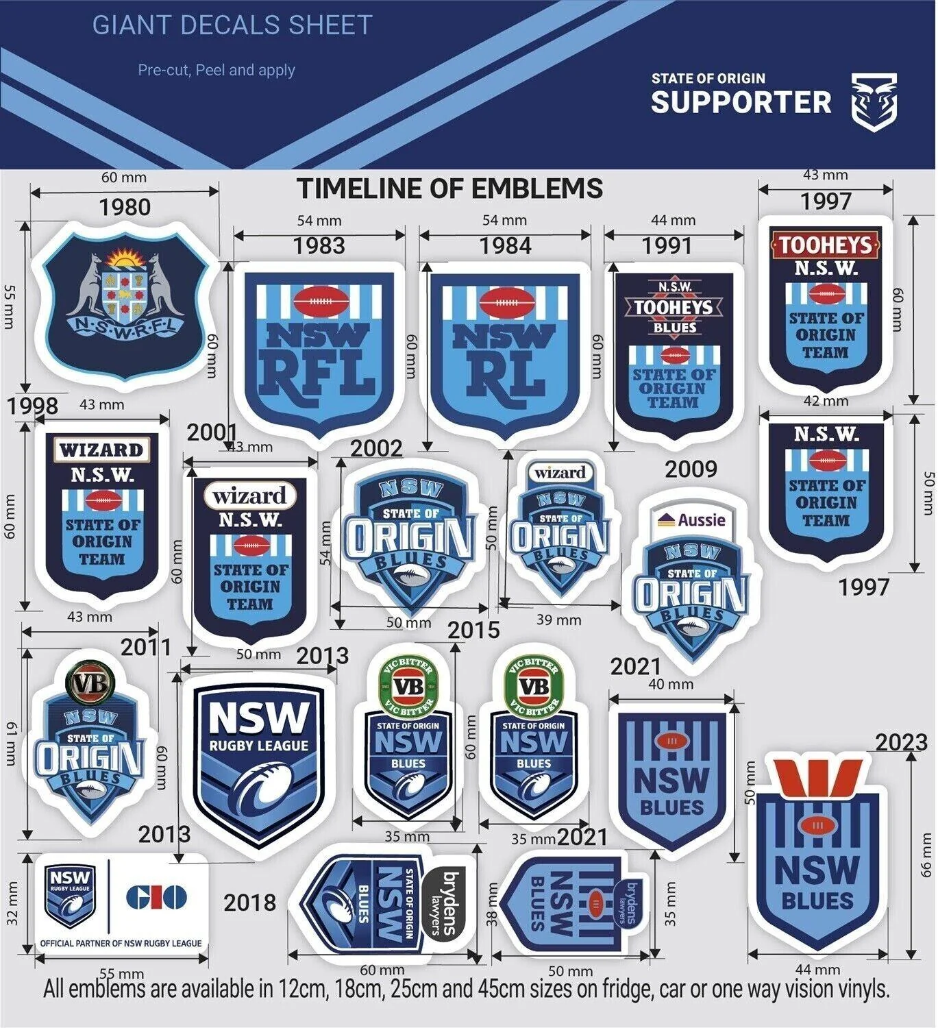 NRL Giant Decal Sheet - New South Wales Blues - Timeline Of Club Logos - Image 2