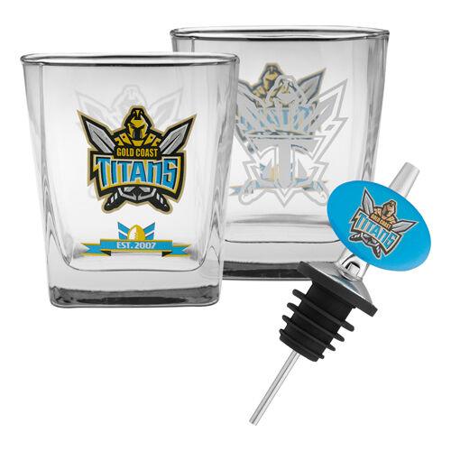 NRL Gold Coast Titans Set Of 2 Spirit Glasses And Pourer Gift Pack -