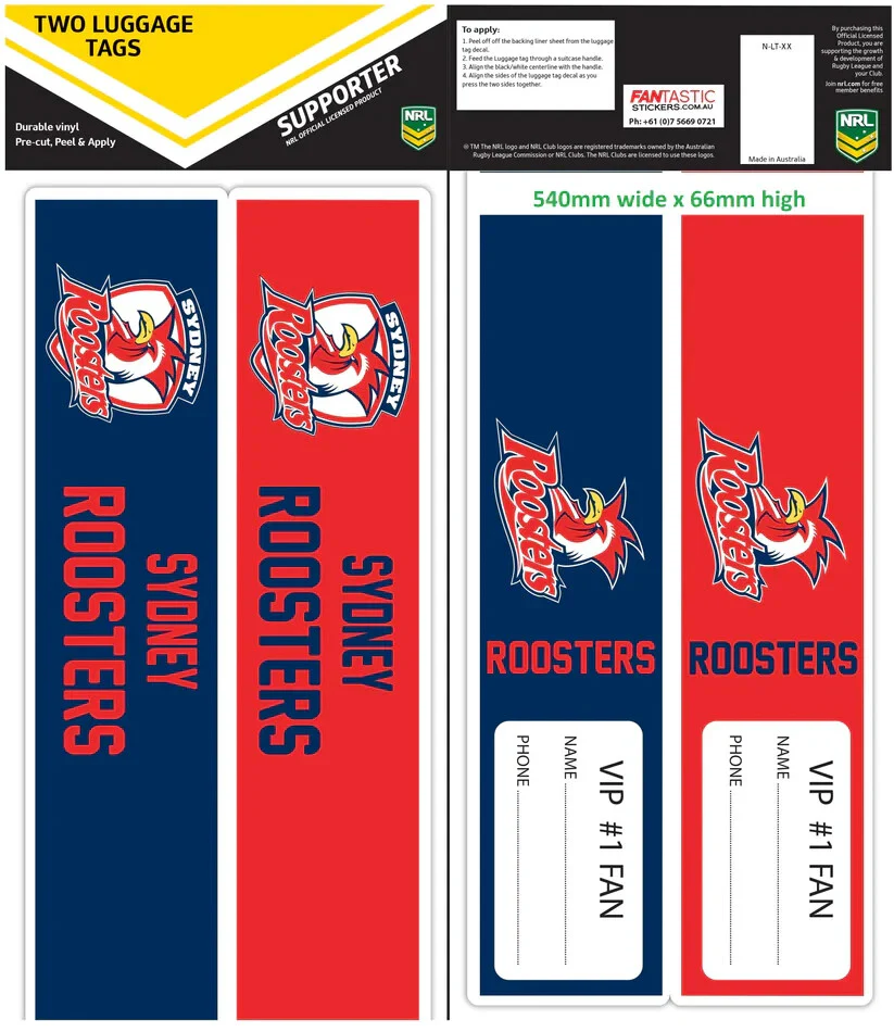 NRL Luggage Bag Tag Sticker - Sydney Roosters - Travel Work - Set of 2