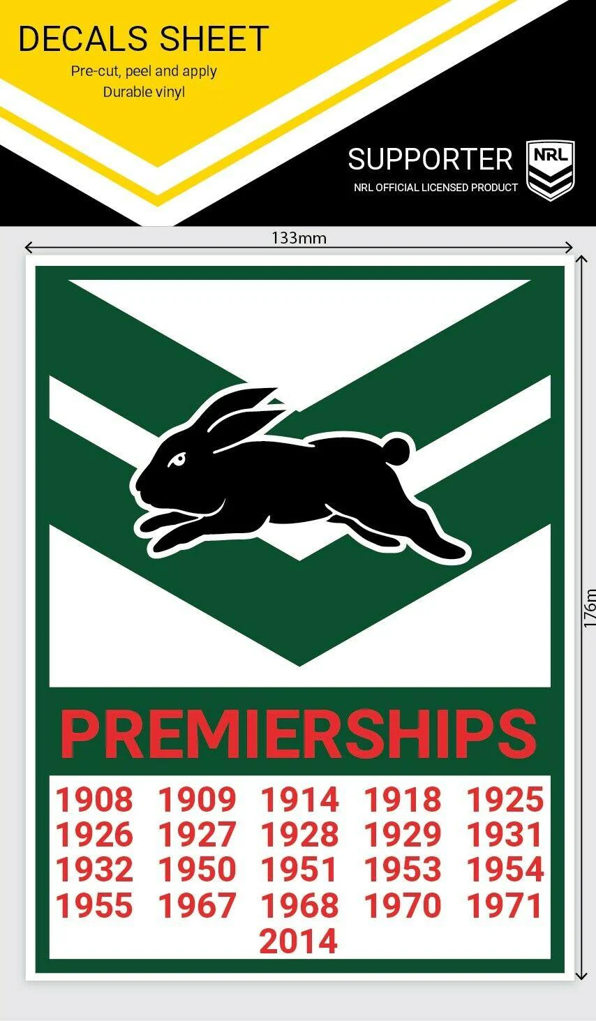 NRL Premiership History Decal - South Sydney Rabbitohs - Premier Stickers