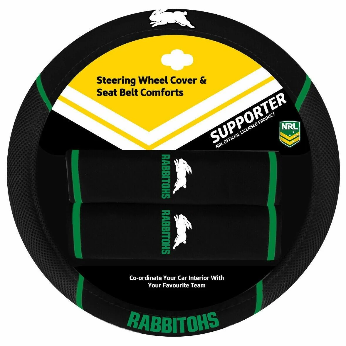 NRL Steering Wheel Cover - Seat Belt Covers - South Sydney Rabbitohs - Image 2