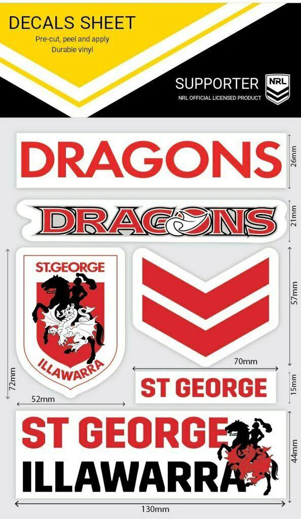 NRL Sticker Decal Sheet - St George Illawarra Dragons - Stickers Wordmark