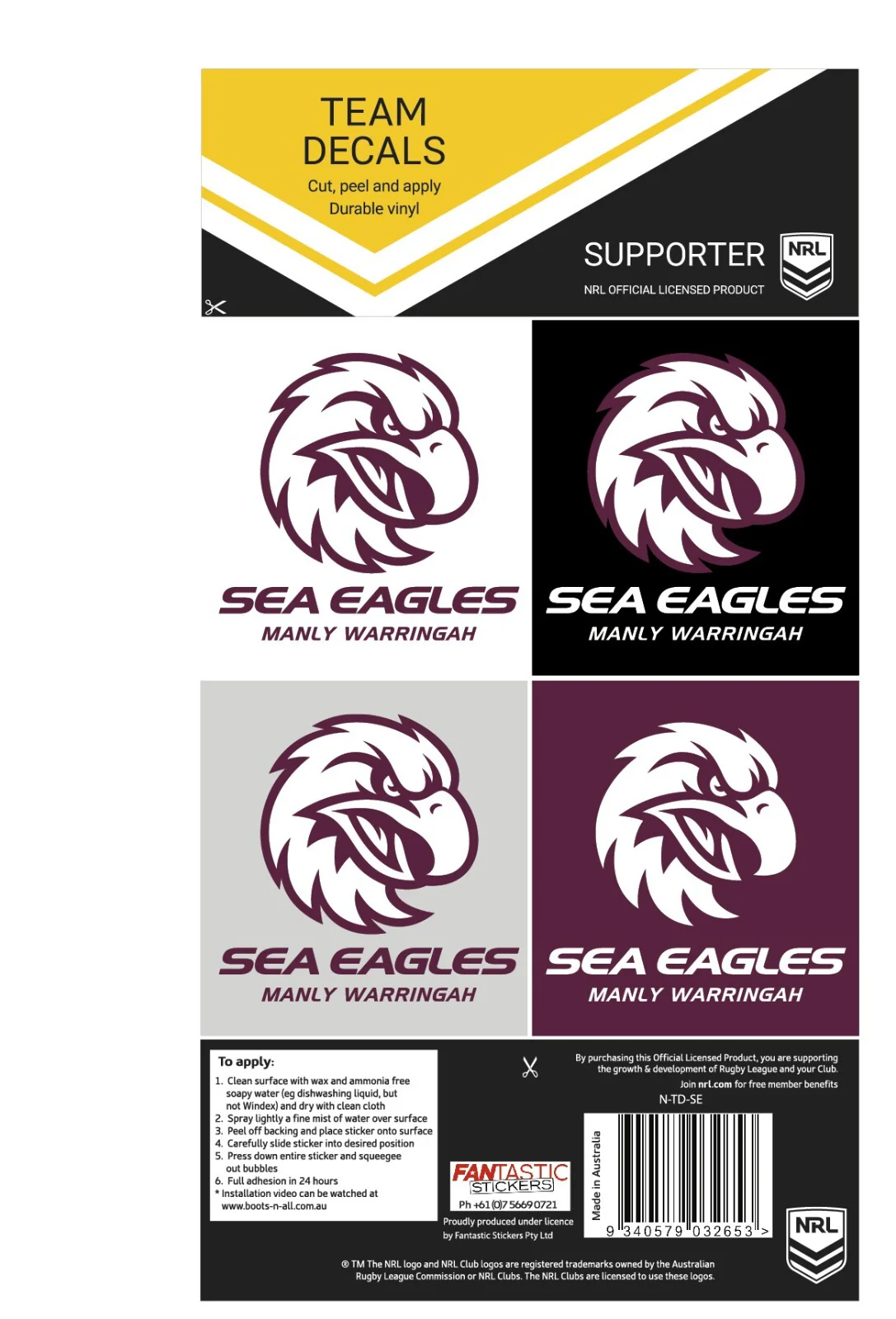 NRL Team Decal Sticker Set - Manly Sea Eagles