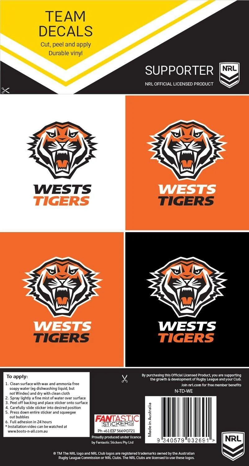 NRL Team Decal Sticker Set - West Tigers - Image 2