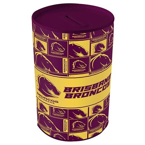 NRL Tin Money Box - Brisbane Broncos -  21cm Tall x 10cm Wide