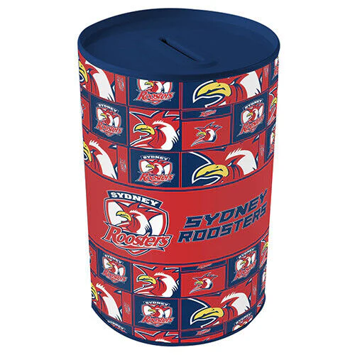 NRL Tin Money Box - Sydney Roosters -  21cm Tall x 10cm Wide - Image 2