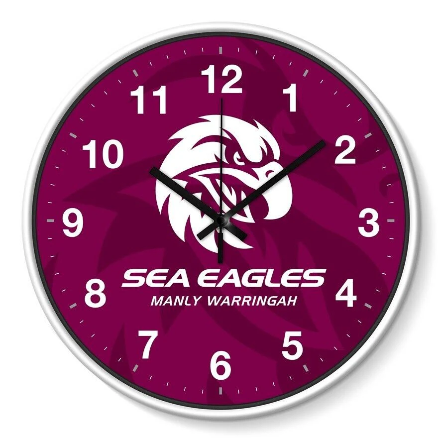 NRL Wall Clock - Manly Sea Eagles - Plastic - 30cm Diameter-Team Logo - Image 2