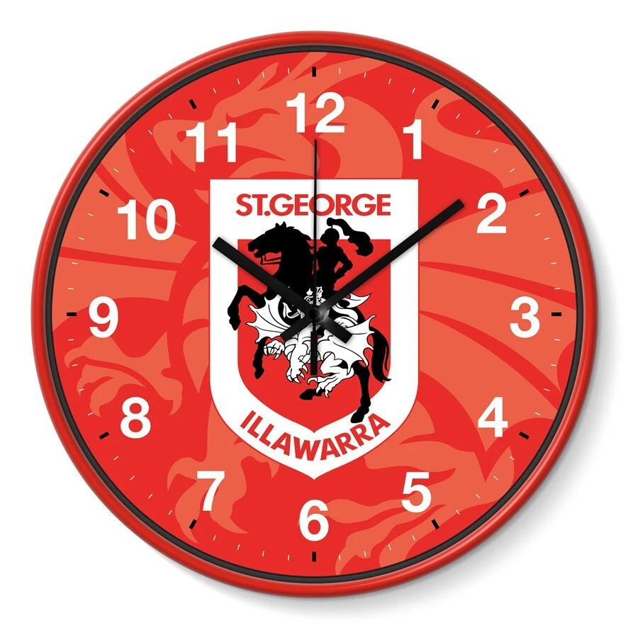NRL Wall Clock - St George Illawarra Dragons - Plastic - 30cm Diameter-Team Logo - Image 2