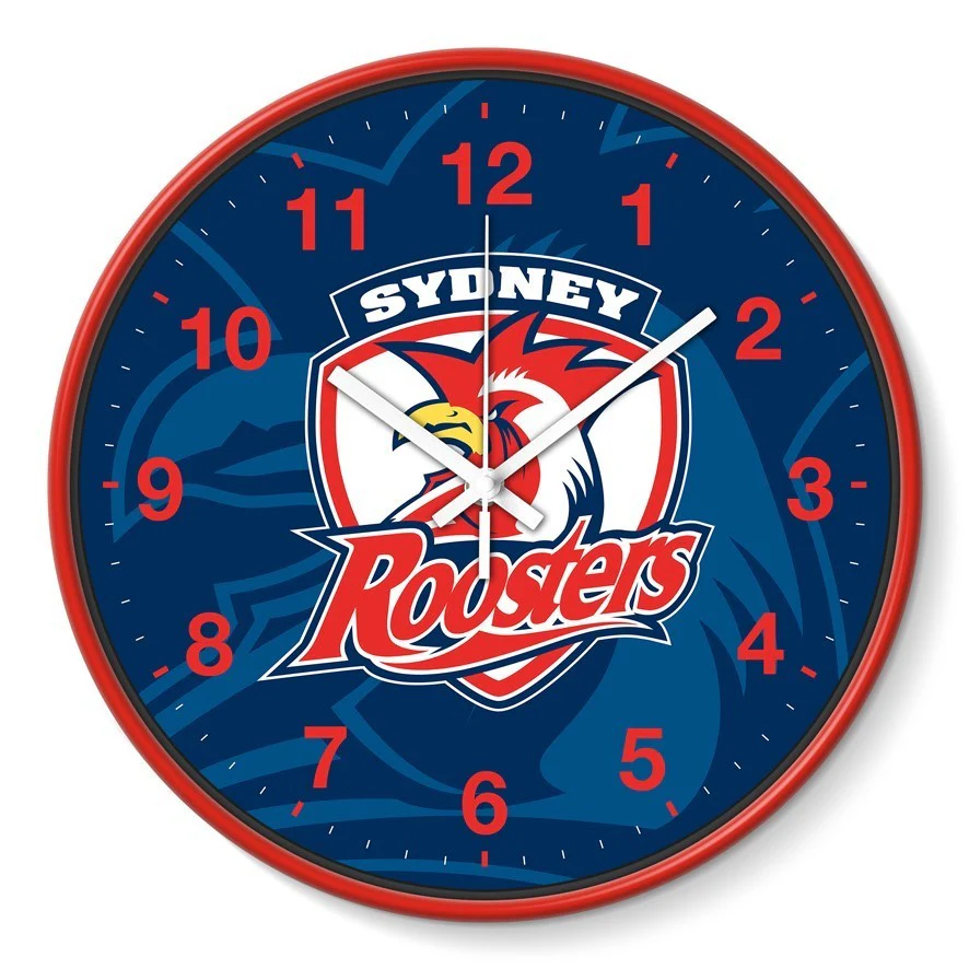 NRL Wall Clock - Sydney Roosters - Plastic - 30cm Diameter - Team Logo