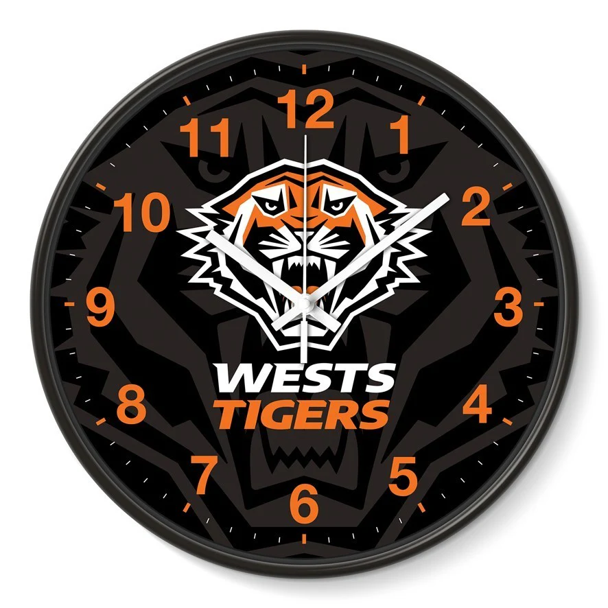 NRL Wall Clock - West Tigers - Plastic - 30cm Diameter - Team Logo